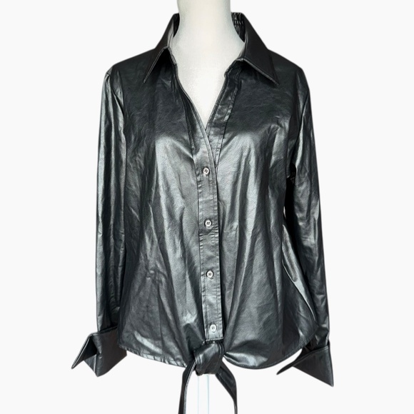 Boston Proper Black Button Down Faux Leather Shirt Sz M - Picture 3 of 6